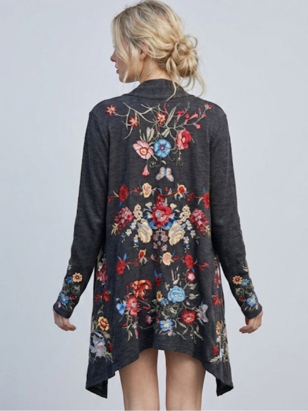 Johnny Was Floral Shixuo Wrap Embroidered Open Cardigan Charcoal Gray Small